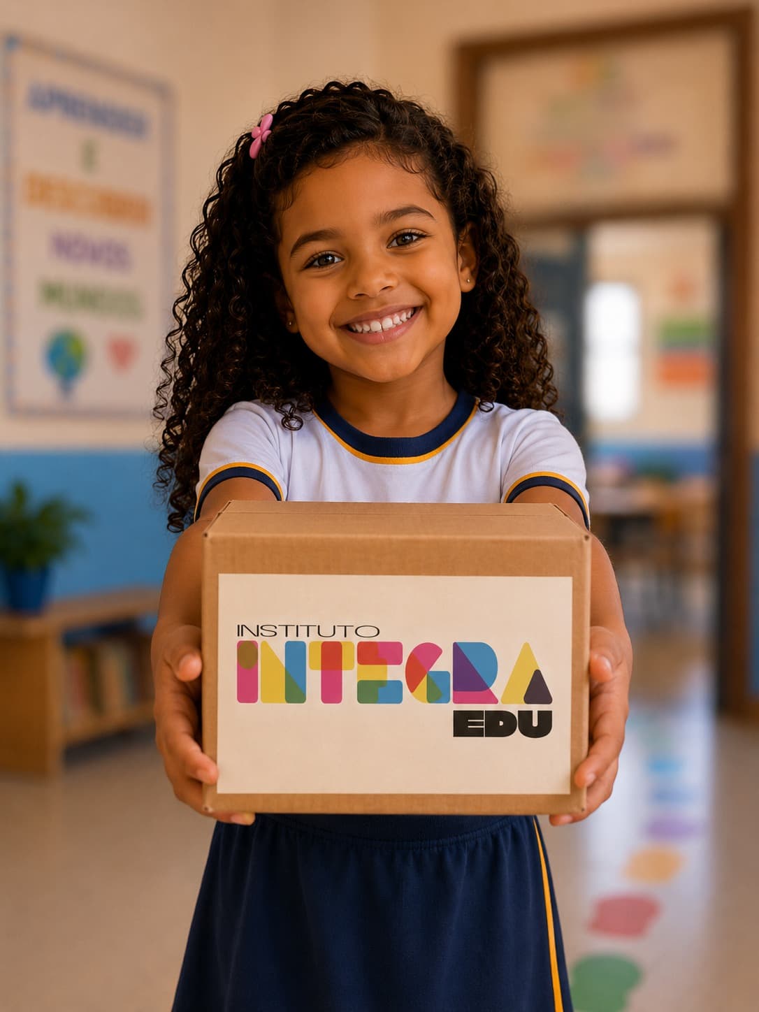 Estudante da rede pública sorrindo, segurando uma caixa com a marca do Instituto IntegraEdu
